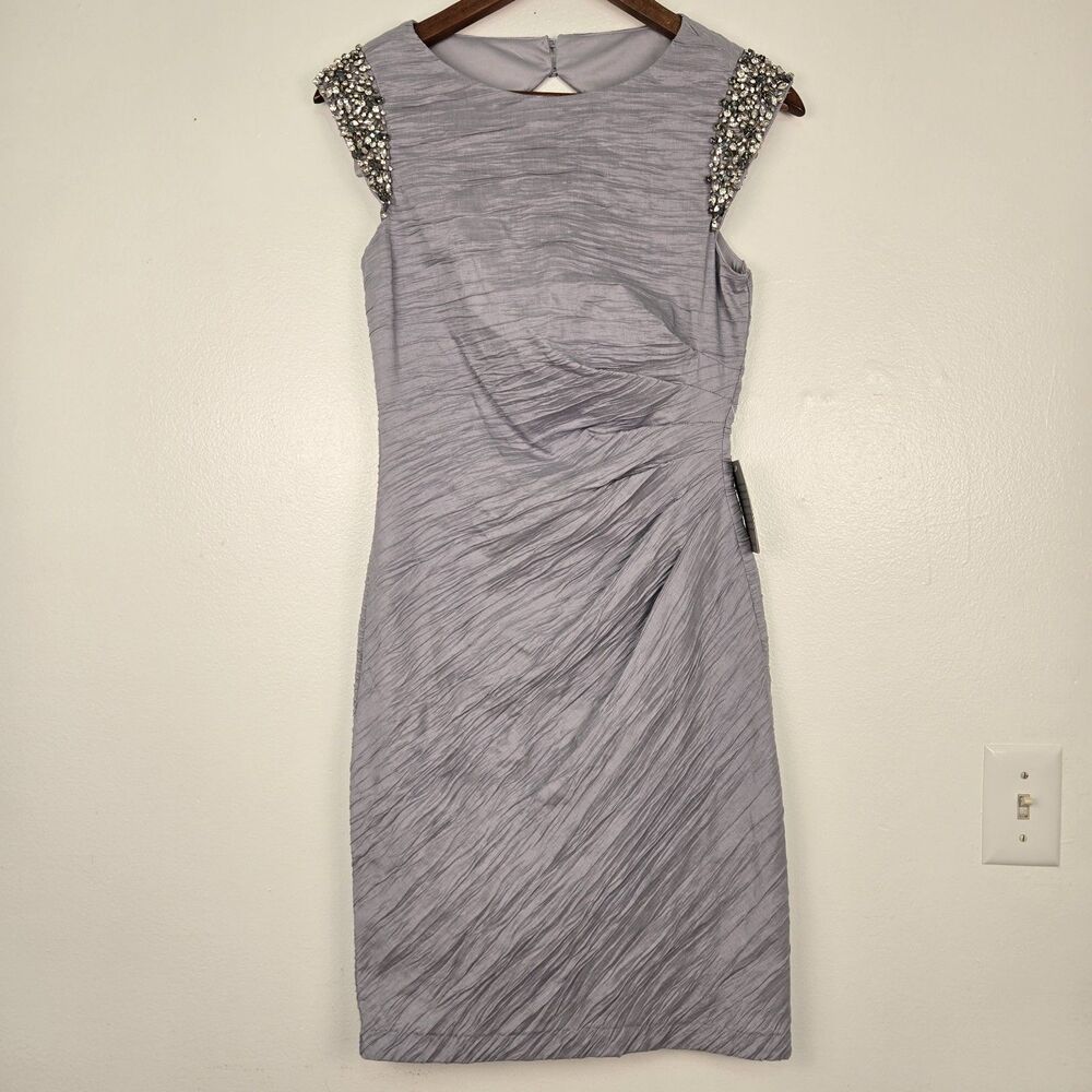 NWT Eliza J Embellished Taffeta Sheath Dress Silver Gray Size 2 Prom Party Grey